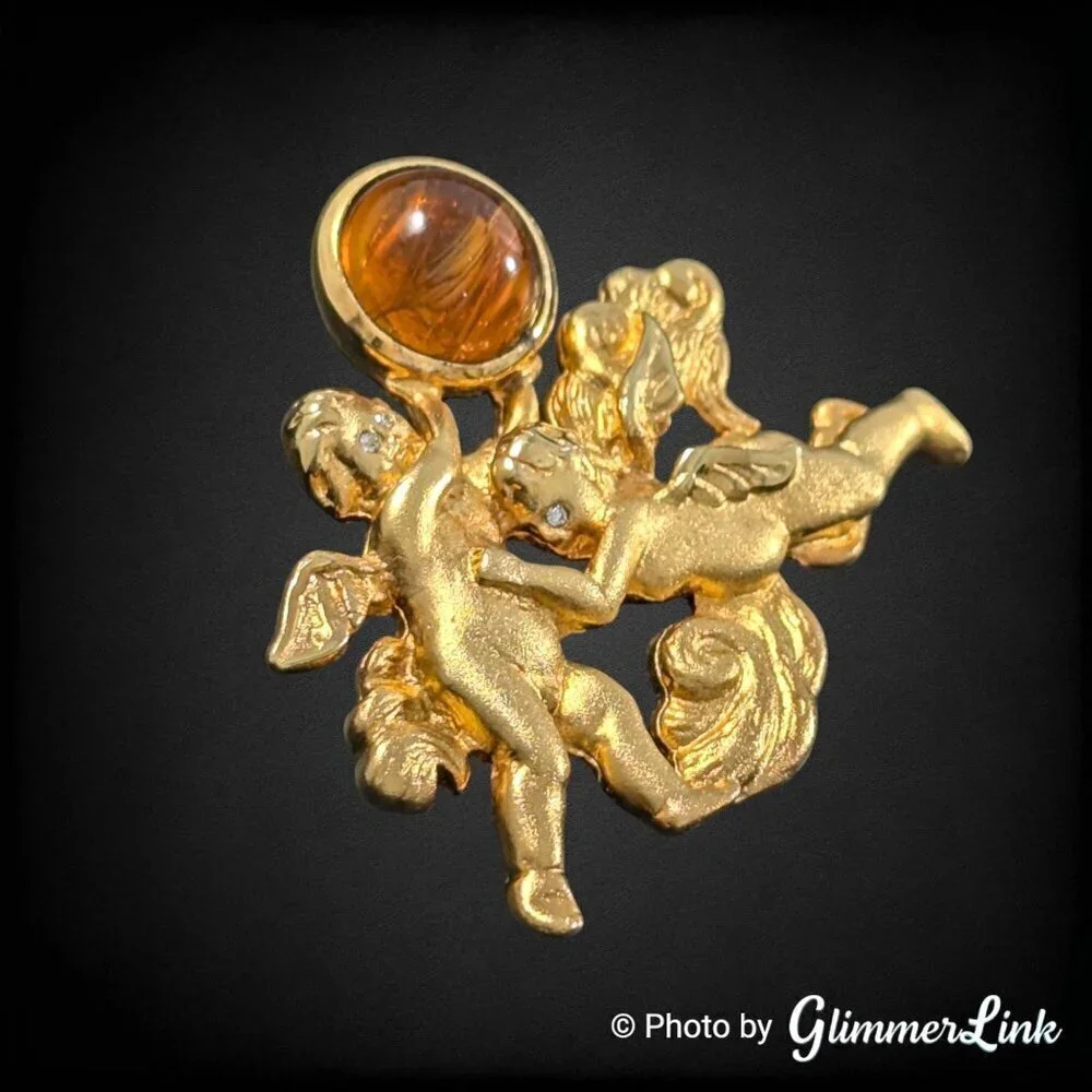Vintage LS Cherubs Orange Brown Orb Cabochon Gold Tone Brooch Pin